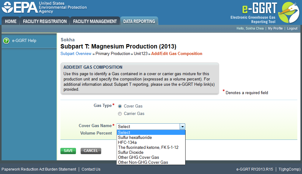 Subpart T: GHG Composition Step 2 - Cover Gas Name